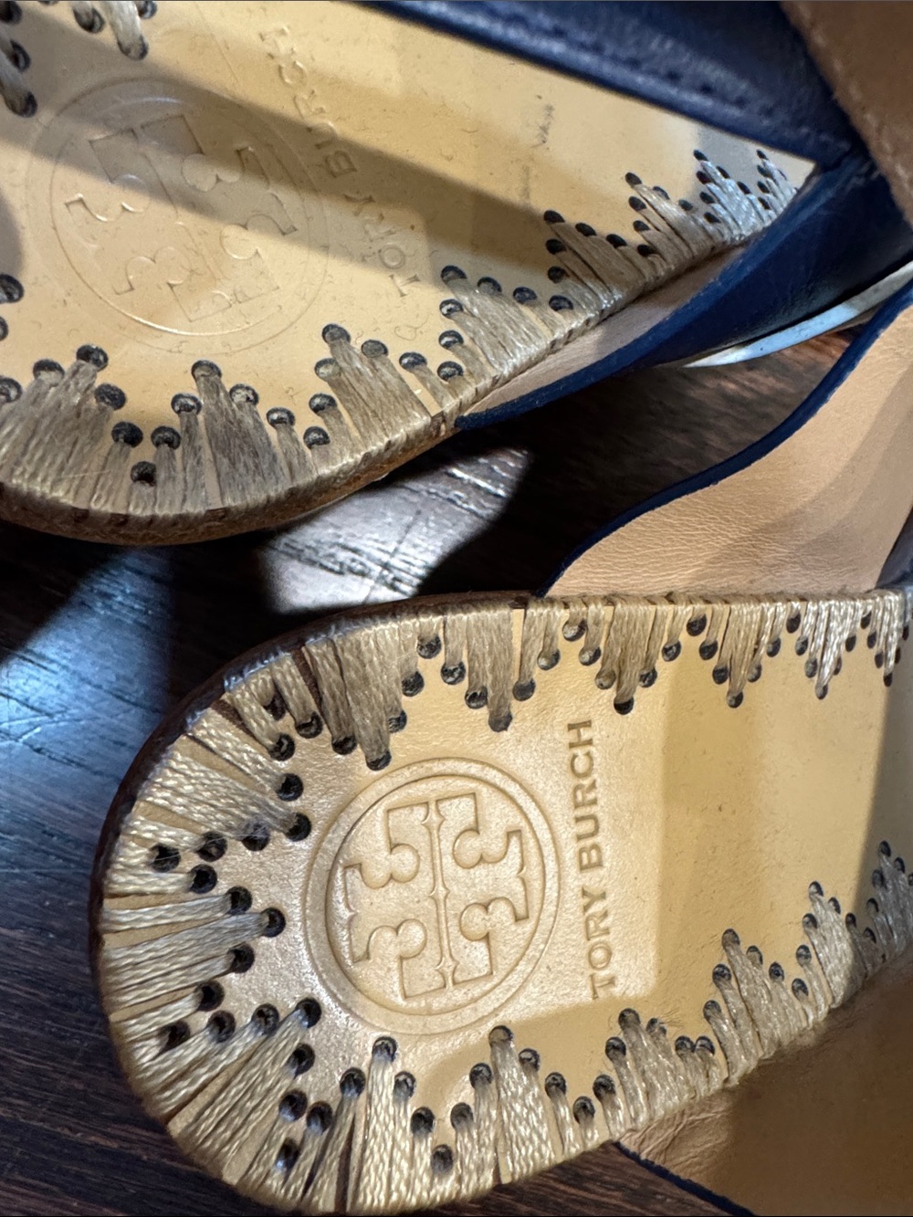 Tory Burch Navy, White & Multicolor Floral Leather Sandals - Picture 3 of 6